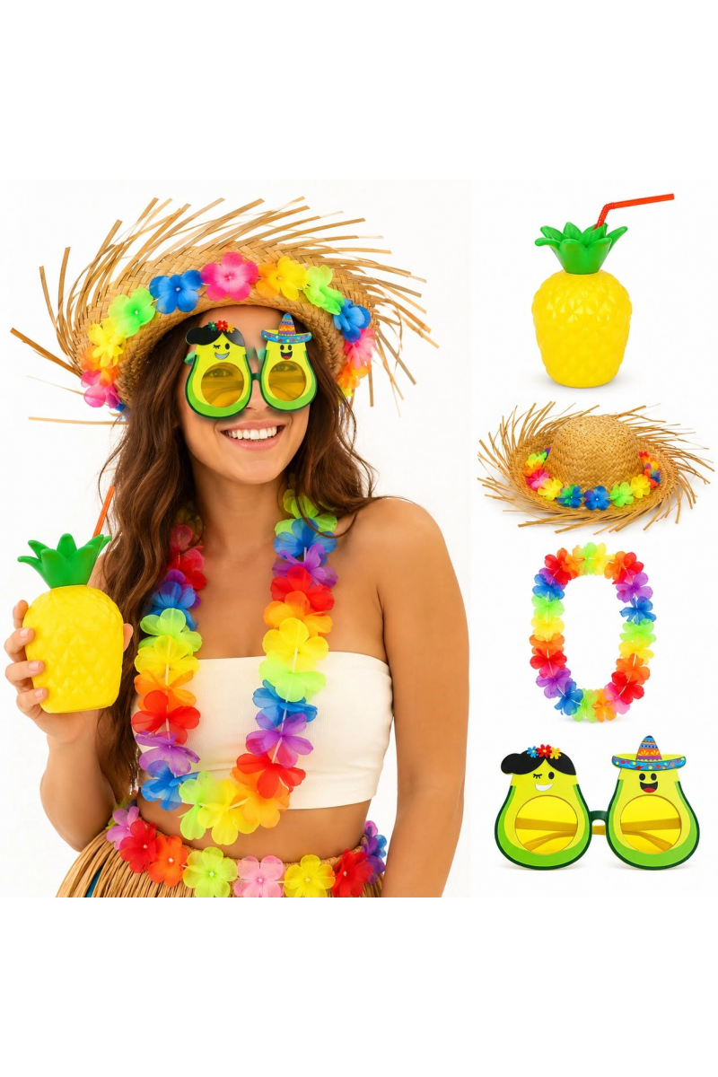 4 Parça Hawaii Parti Seti Ananas Bardak Hasır Şapka Avokado Gözlük Çiçek Kolye