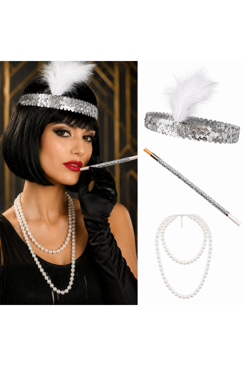 1920'ler Gatsby Gümüş Parti Seti - Çarliston Saç Bandı, İnci Kolye Ve Sigara Tutacağı