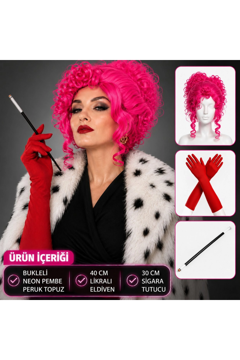 Neon Bukleli Pembe Peruk Uzun Kumaş Kırmızı Eldiven Ve Sigara Tutucu Seti (3 Parça)