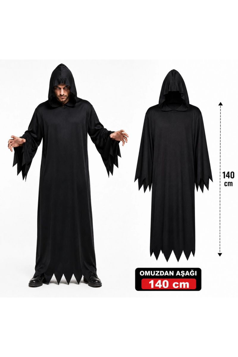 Yetişkin Siyah Kapüşonlu Cellat Hayalet Kostümü 140 Cm