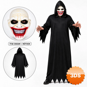 Kanlı Gülüş Maskeli Siyah Kapüşonlu Kostüm Seti 140 Cm