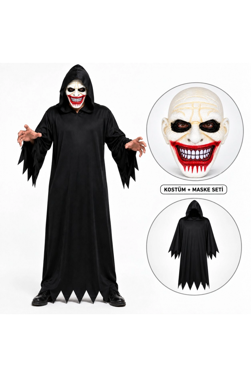 Kanlı Gülüş Maskeli Siyah Kapüşonlu Kostüm Seti 140 Cm