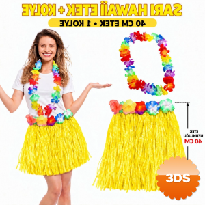 Hawaii Luau Aloha Sarı Püsküllü 40 Cm Etek Ve Hawaii Kolye