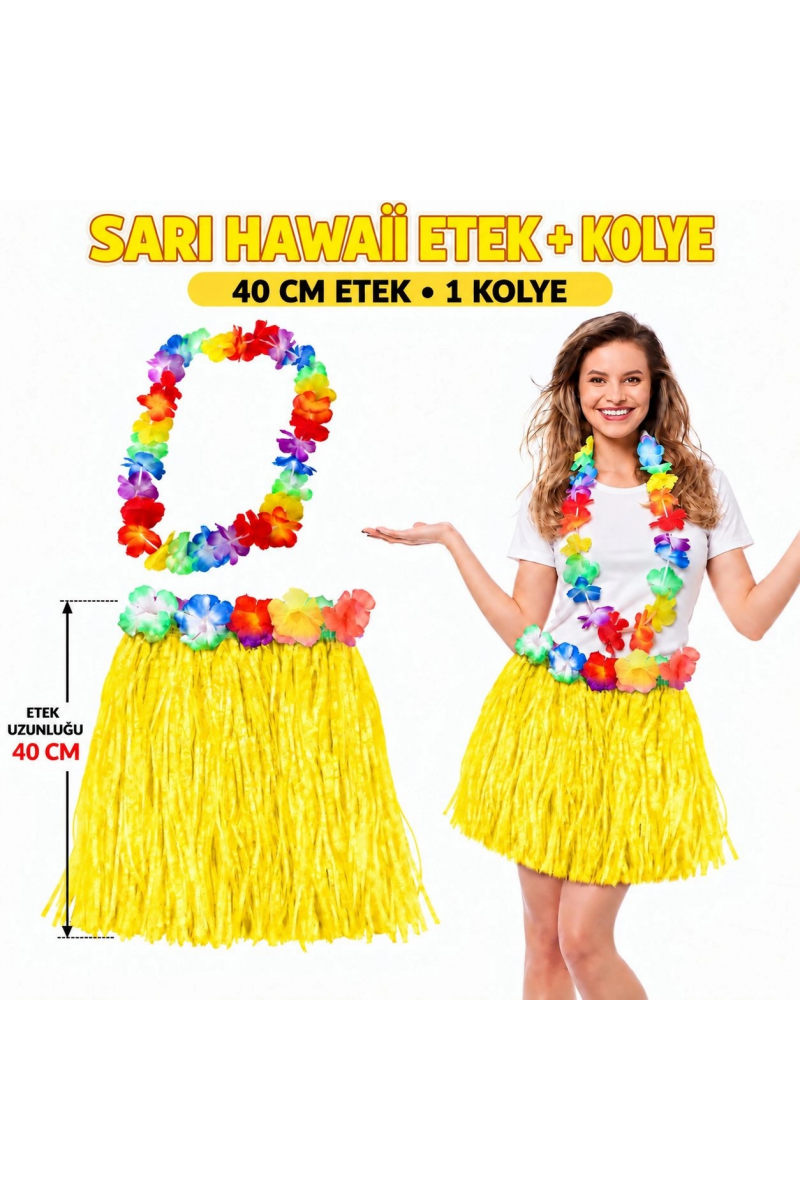 Hawaii Luau Aloha Sarı Püsküllü 40 Cm Etek Ve Hawaii Kolye