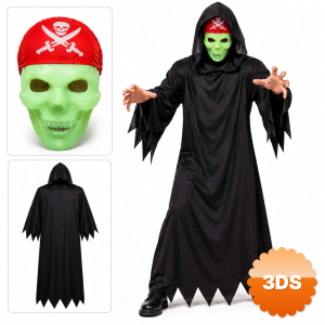 Fosforlu Kafatası Maskeli Siyah Hayalet Kostümü – 140 Cm