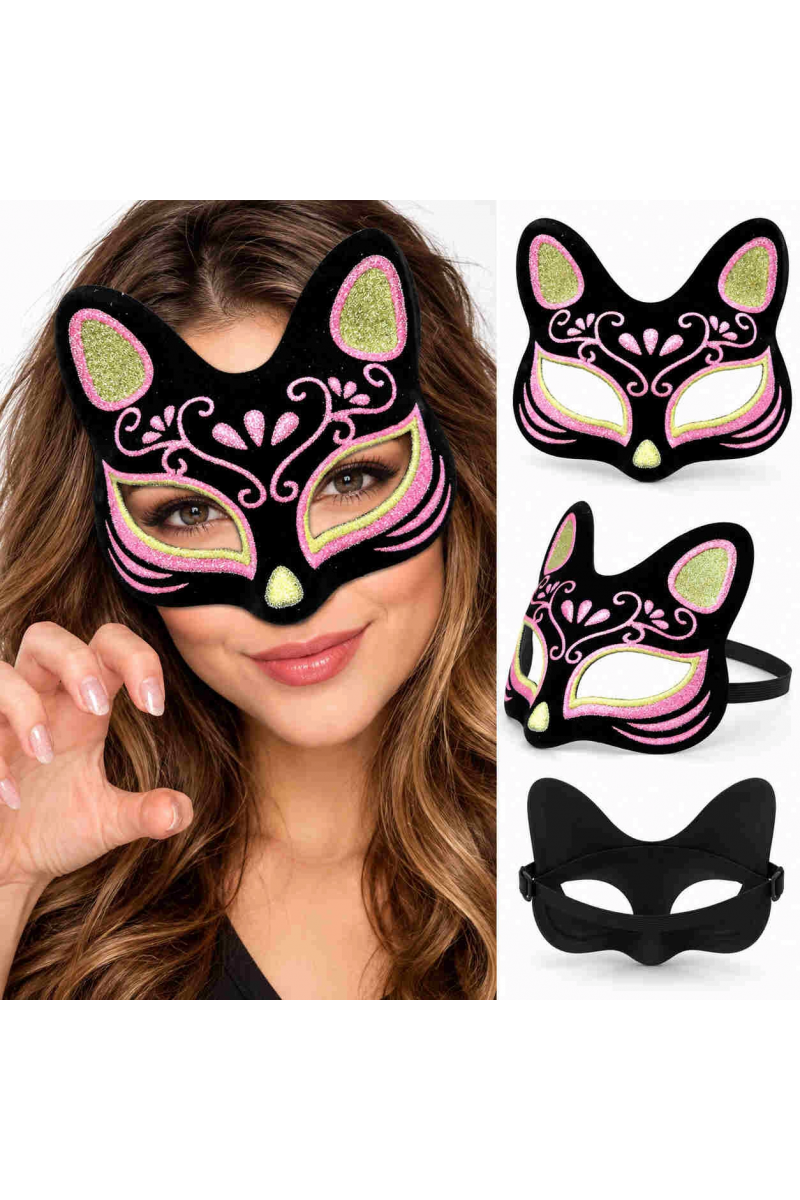 Kadife Dokulu Siyah Kedi Maskesi Pembe Sarı Simli Desenli