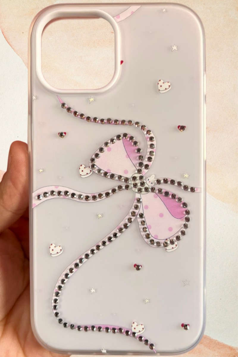 iPhone 15 Uyumlu İnci Işıltısı Fiyonk Taşlı Beyaz Silikon Telefon Kılıfı